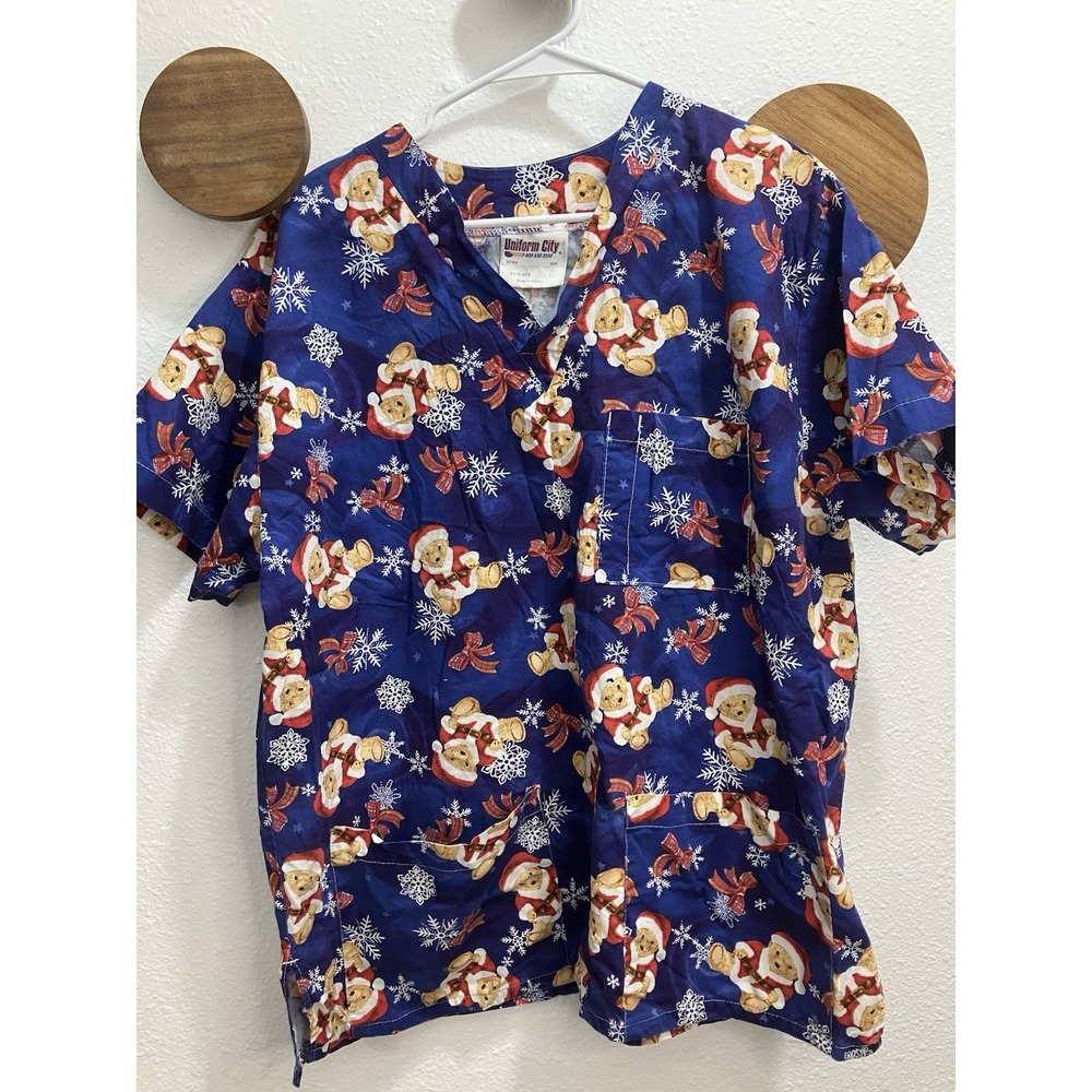 Christmas Scrub Top Teddy Bear Snowflakes Women's Large Pediatrics Nurse